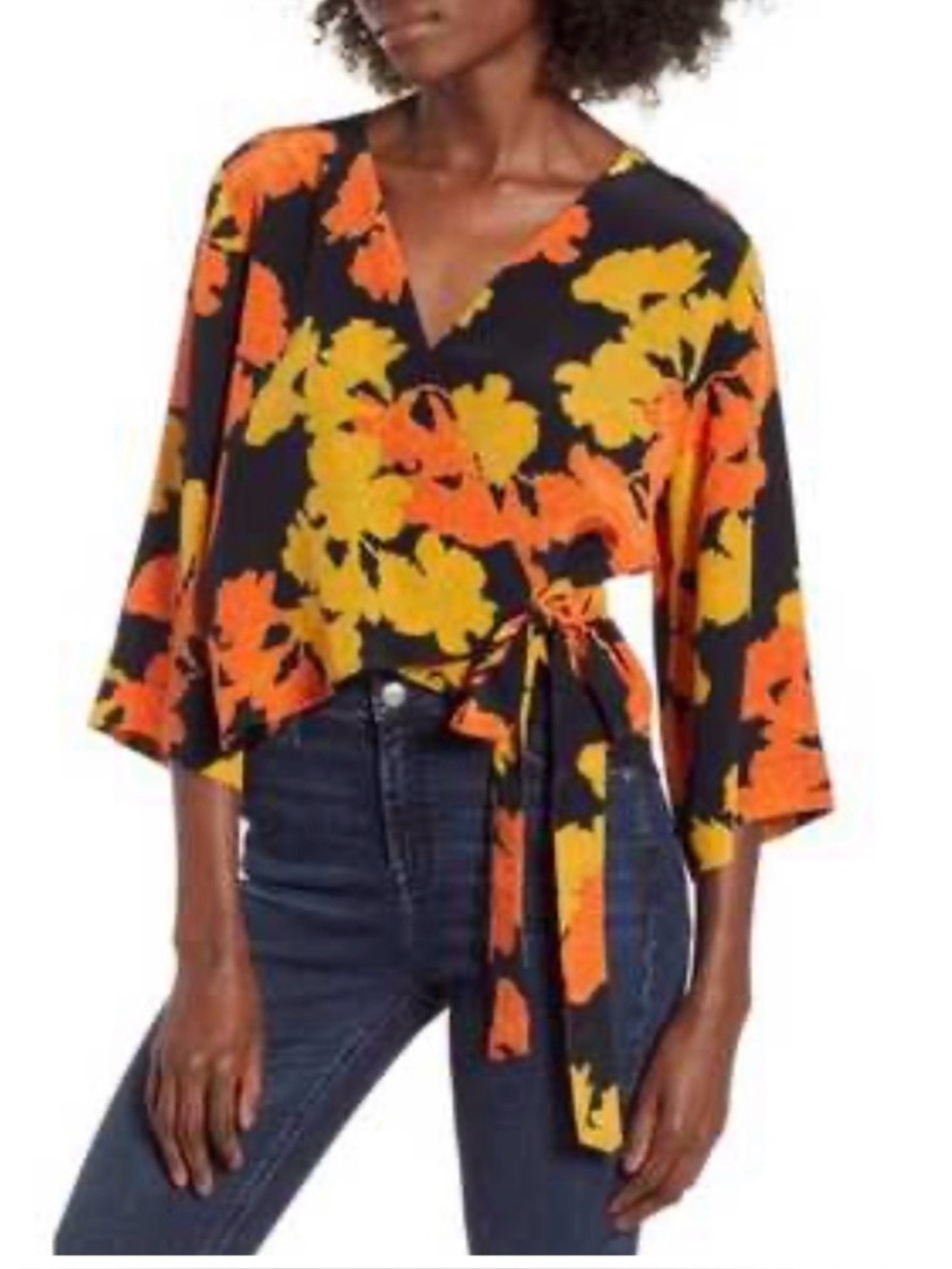 Topshop Floral Wrap Tie Waist Blouse Black Orange Yellow Size 2